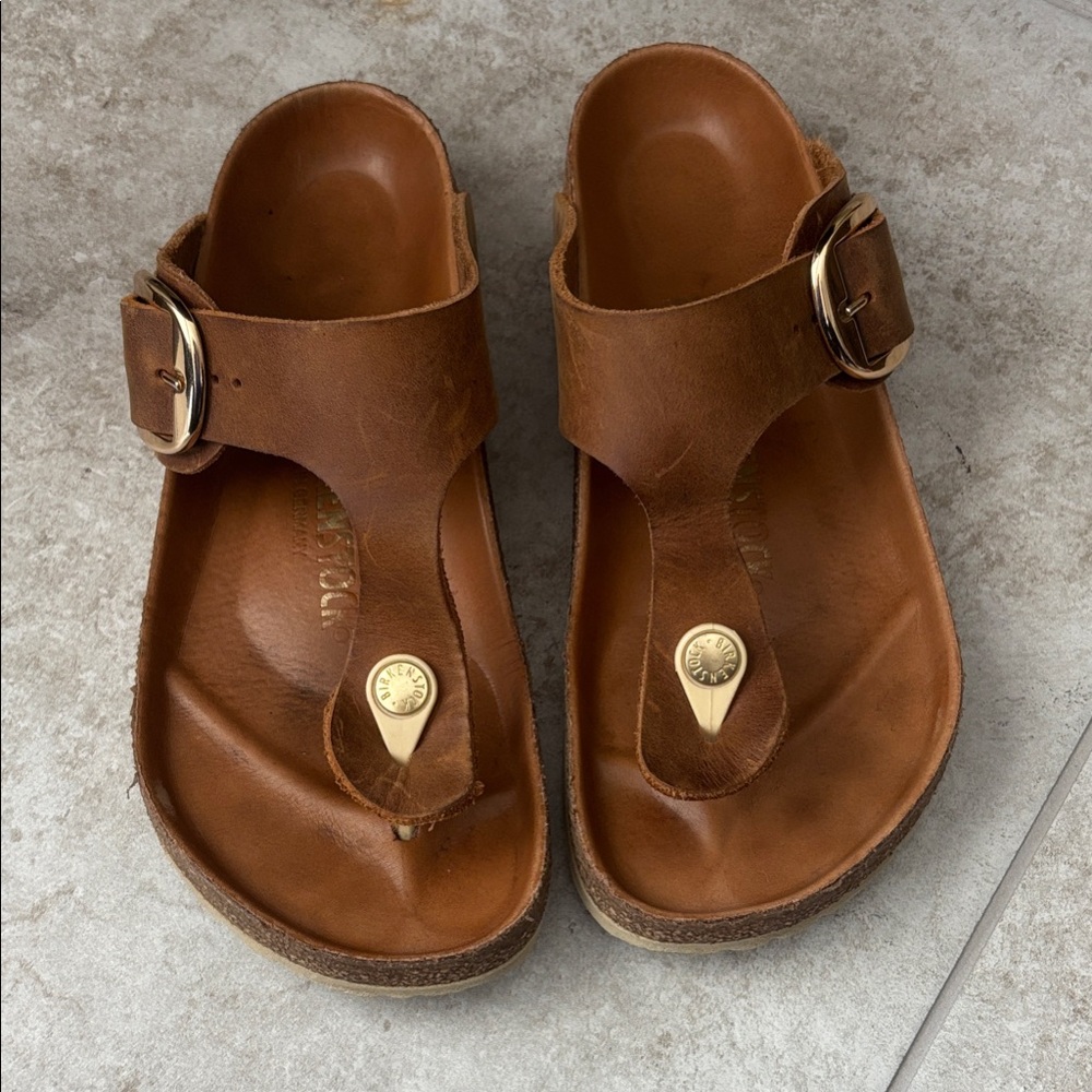 Birkenstock Cognac Leather Sandals with Gold Buckle